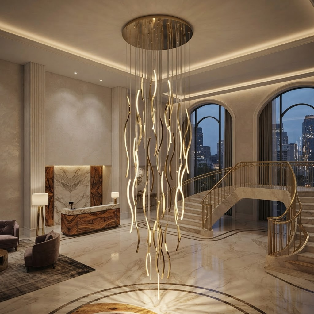 Modern gold polished stainless steel wave streamer raindrop chandelier suspended in a high ceiling villa foyer