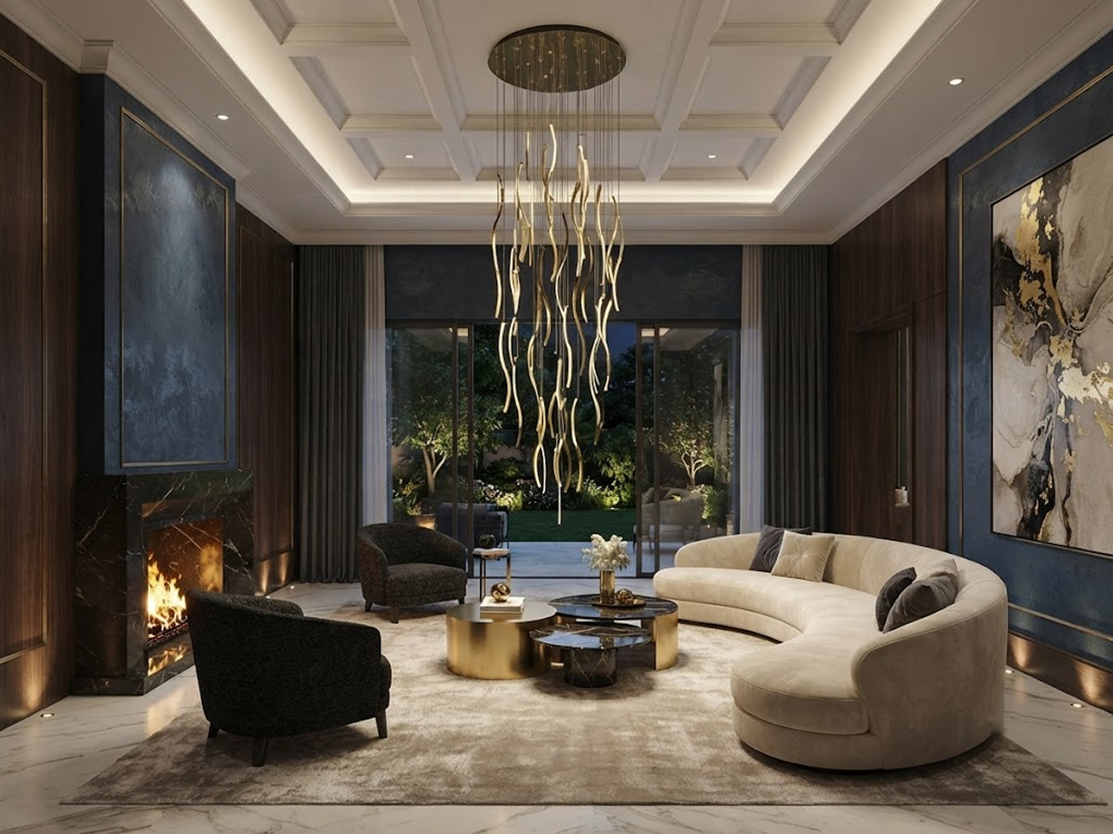 Modern gold polished stainless steel wave streamer raindrop chandelier suspended in a high ceiling villa foyer