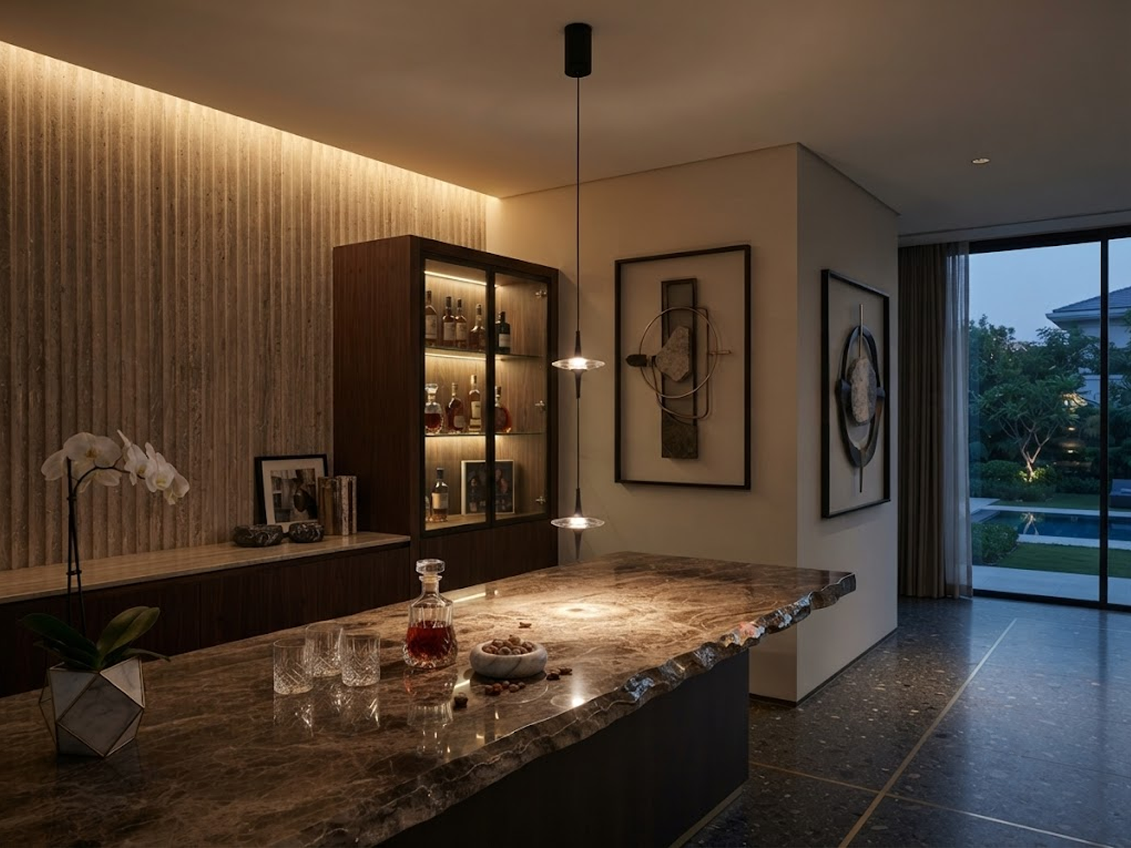 Two staggered black aluminum ufo crystal pendant lights hanging gracefully over a modern wooden dining table
