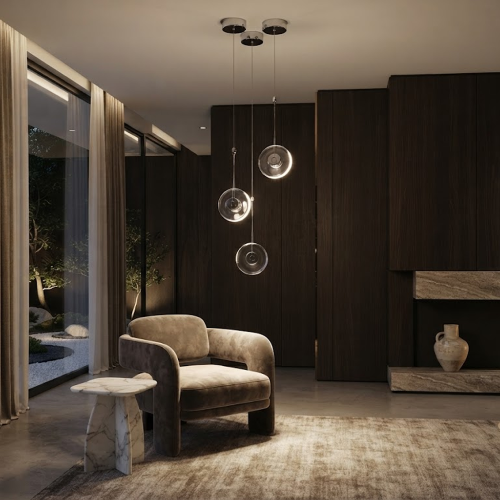 Modern minimalist pendant light featuring a clear crystal disc and polished chrome aluminum core, suspended against a clean white background.