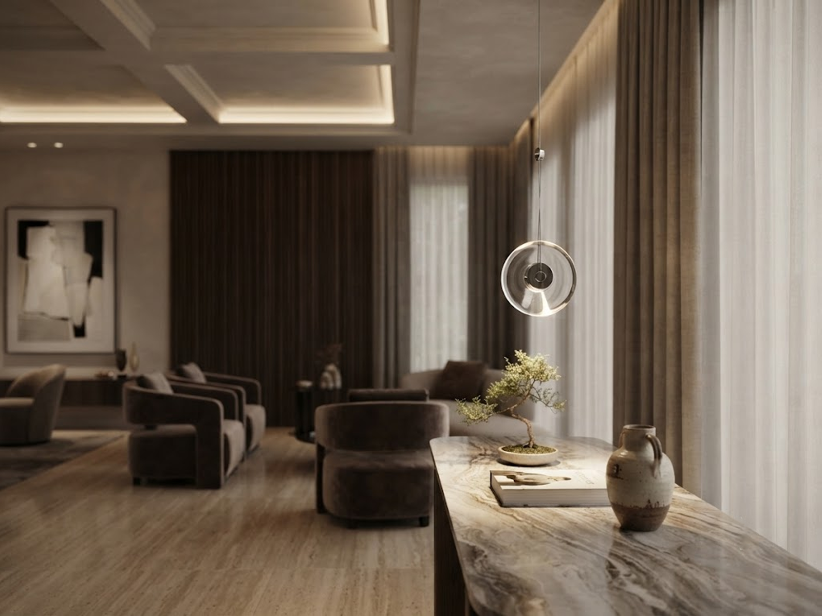 Modern minimalist pendant light featuring a clear crystal disc and polished chrome aluminum core, suspended against a clean white background.