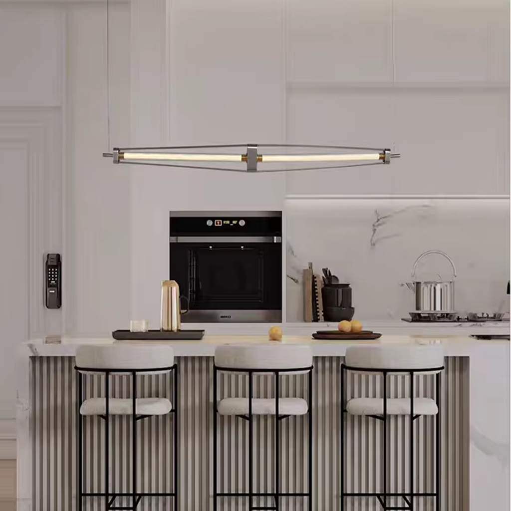 Architectural linear chandelier featuring brushed stainless steel frame, aluminum core, and fluted crystal tube hanging on stainless steel cables