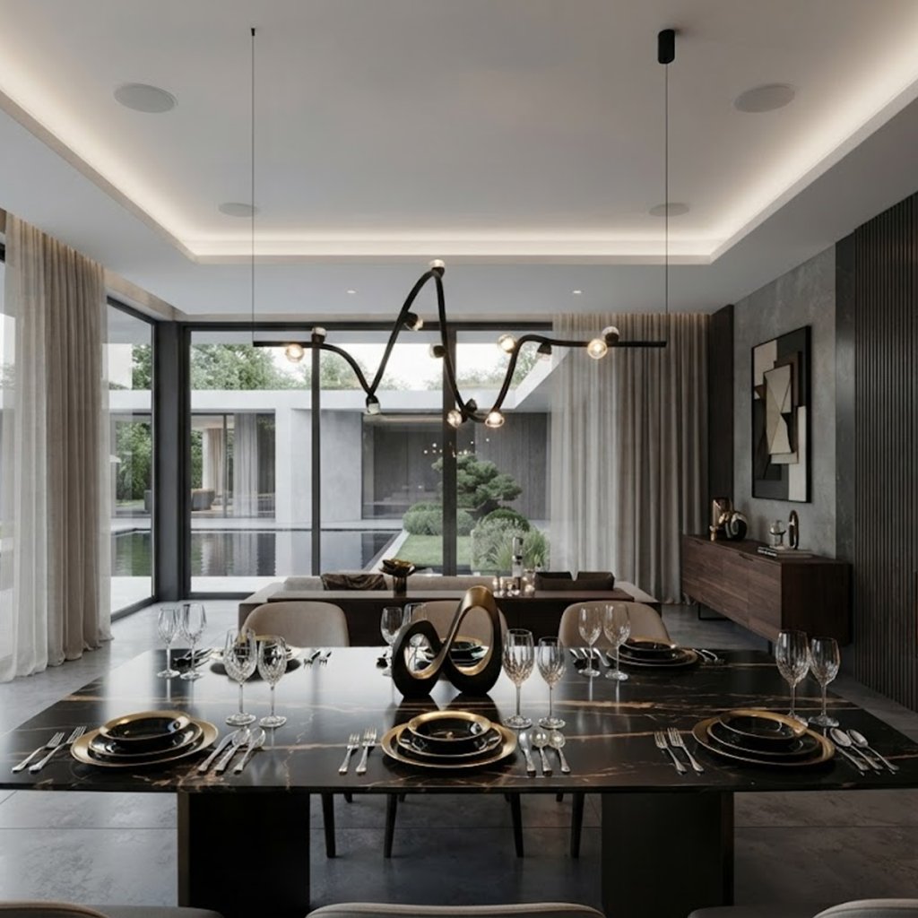 Modern soundwave wavy pendant light made of black iron, aluminum, and crystal hanging gracefully against a neutral wall