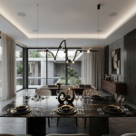 Modern soundwave wavy pendant light made of black iron, aluminum, and crystal hanging gracefully against a neutral wall