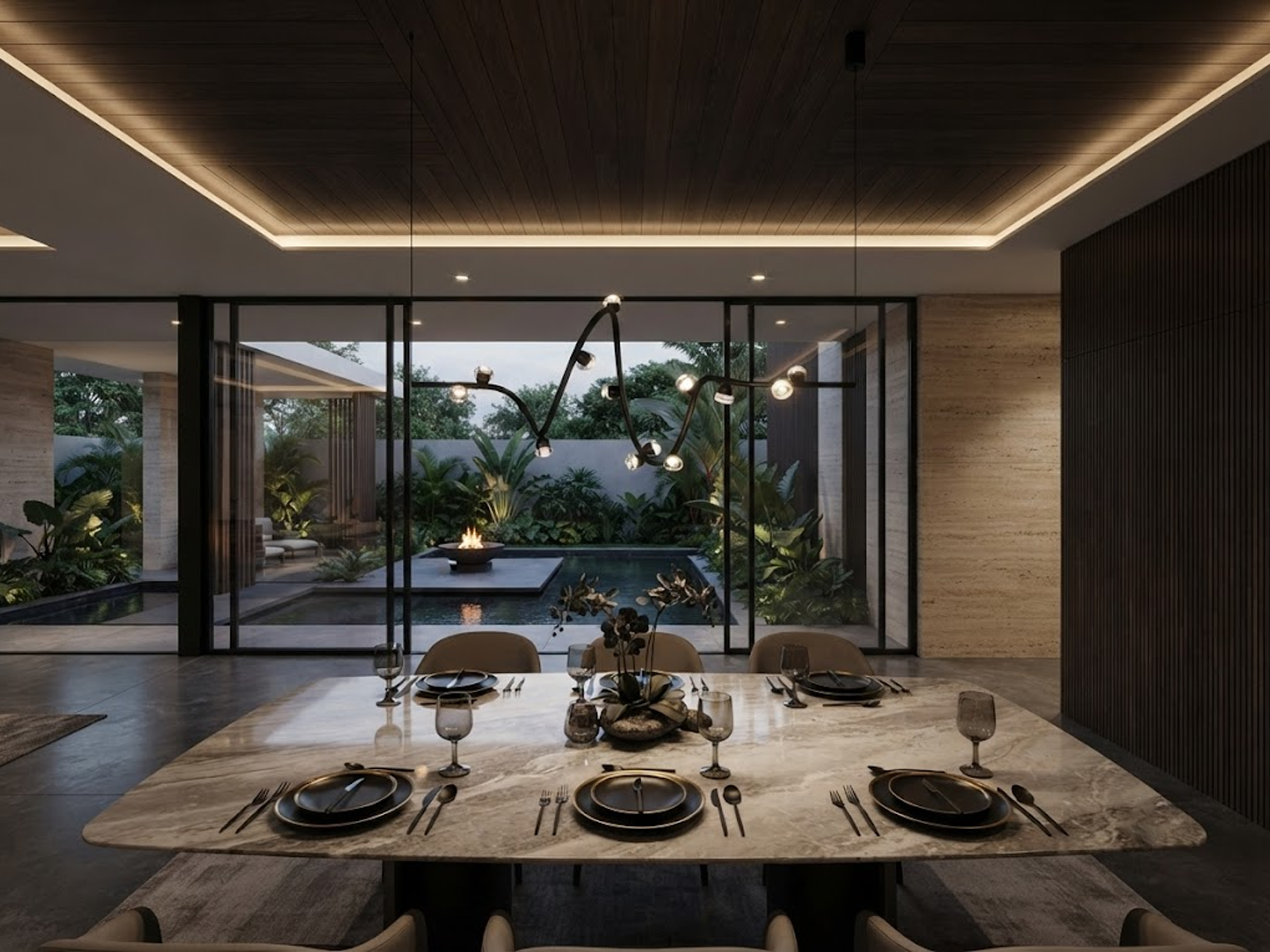 Modern soundwave wavy pendant light made of black iron, aluminum, and crystal hanging gracefully against a neutral wall