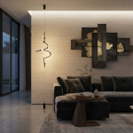 Modern vertical spiral cable chandelier suspended next to a luxury sofa in a contemporary living room with iron and aluminum construction