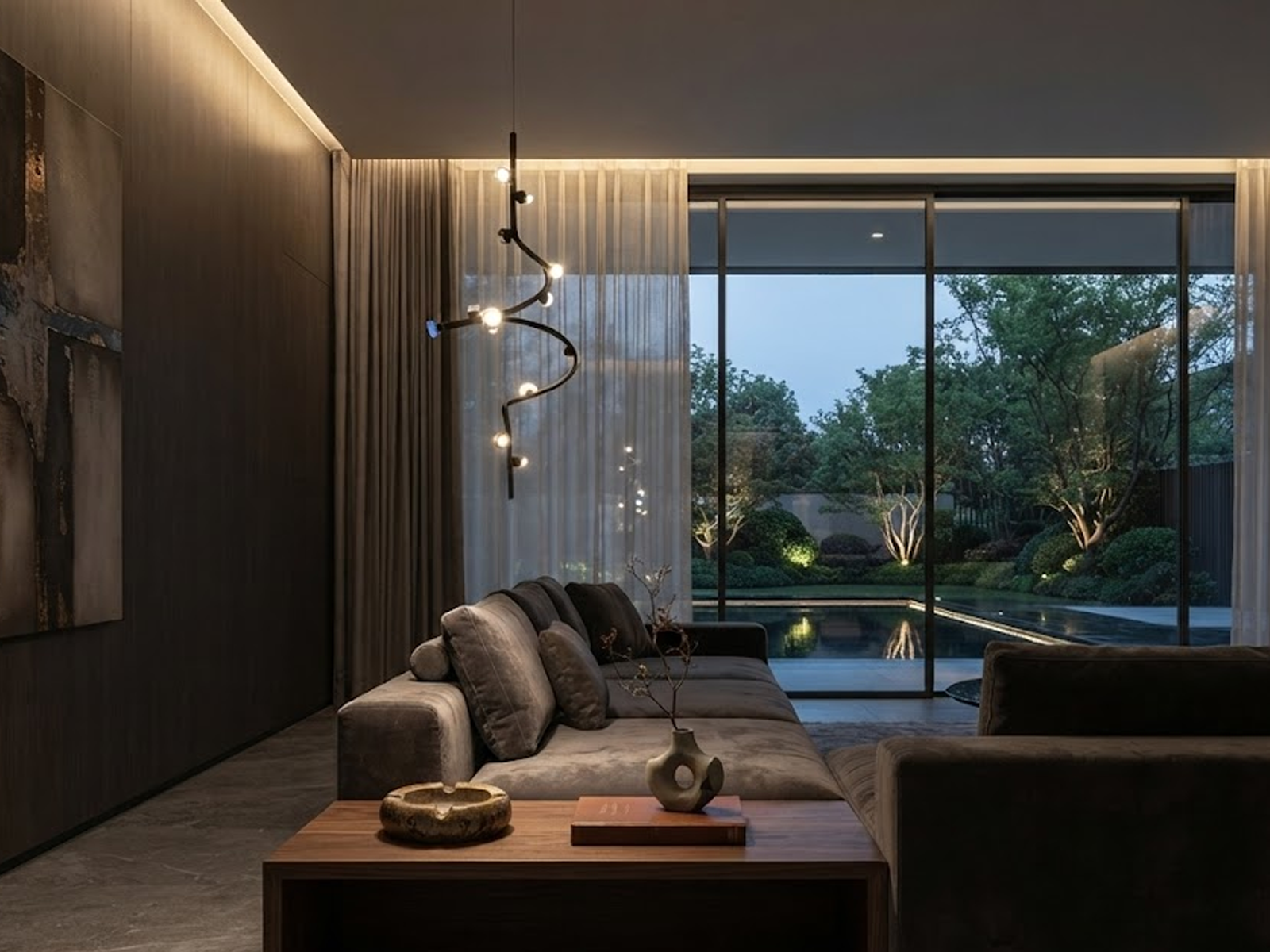 Modern vertical spiral cable chandelier suspended next to a luxury sofa in a contemporary living room with iron and aluminum construction