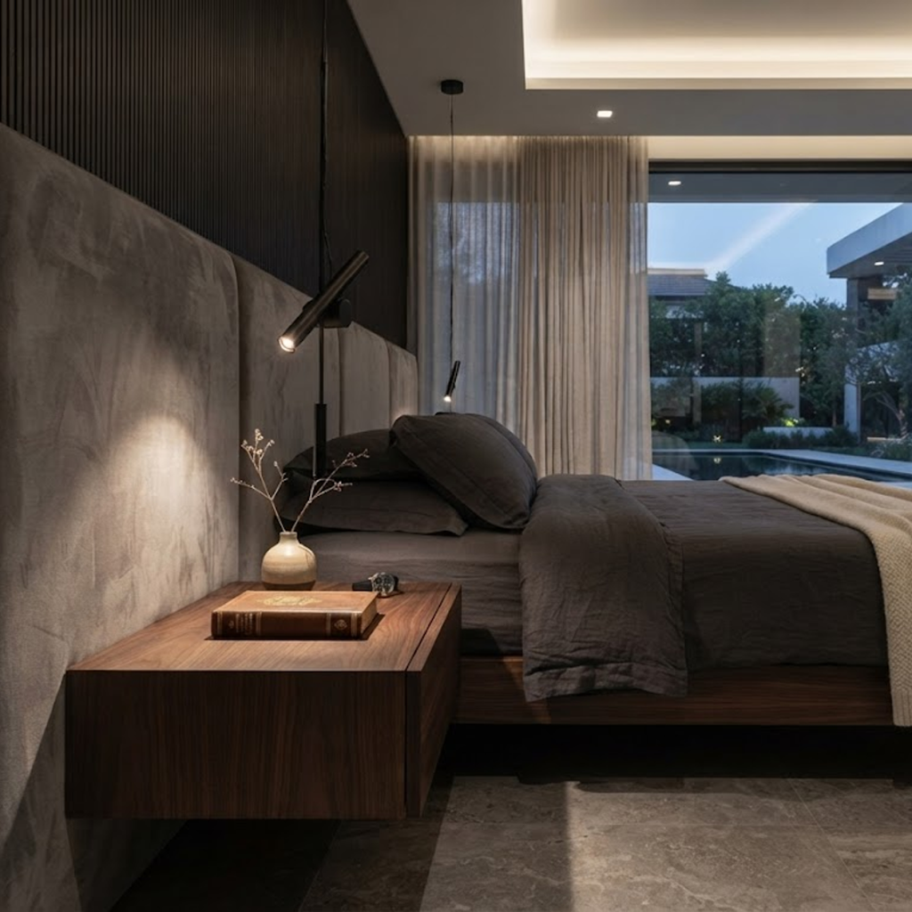 Architectural black iron and aluminum spotlight pendant projecting warm directional light onto a textured dark wood wall