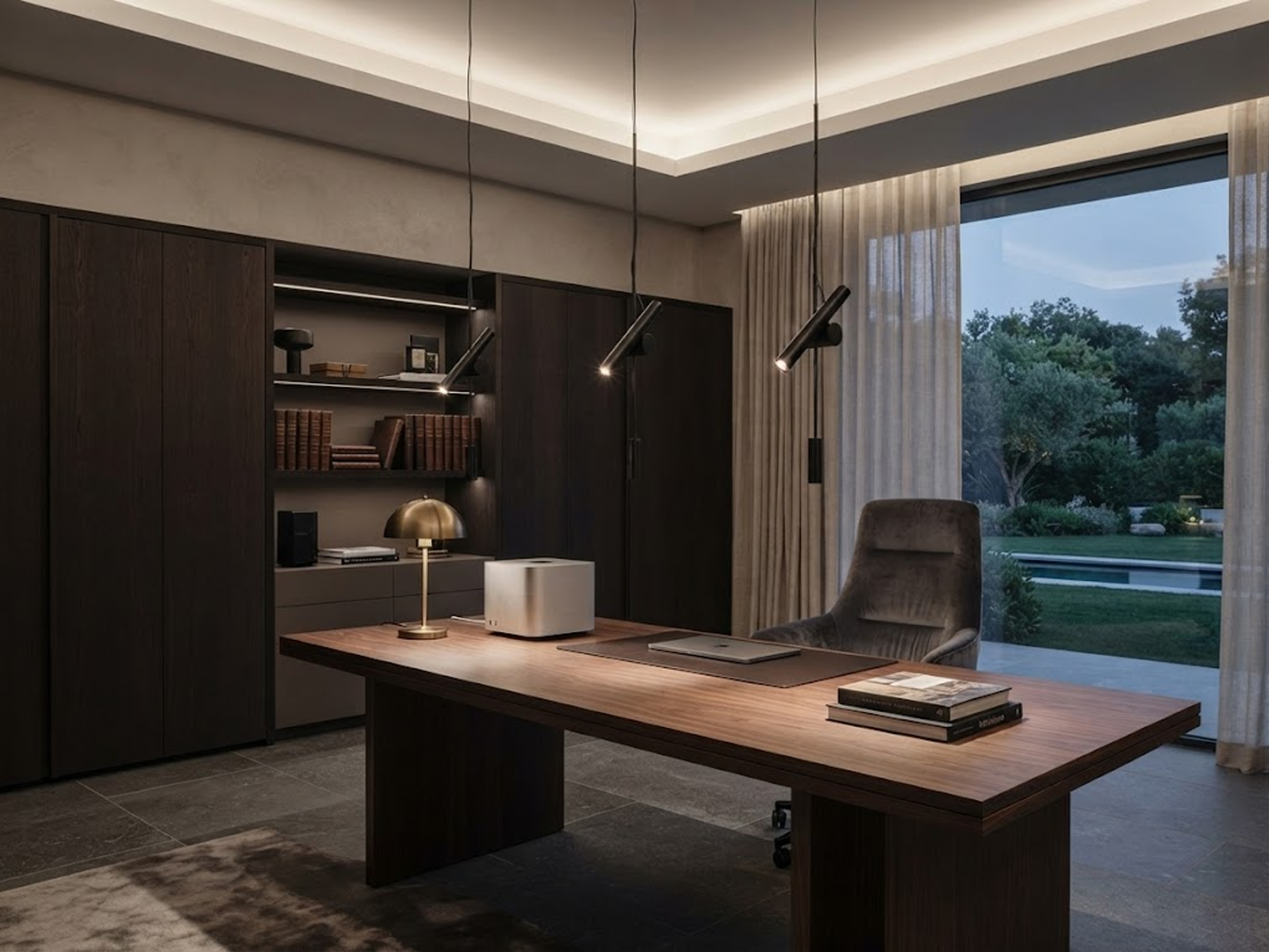 Architectural black iron and aluminum spotlight pendant projecting warm directional light onto a textured dark wood wall