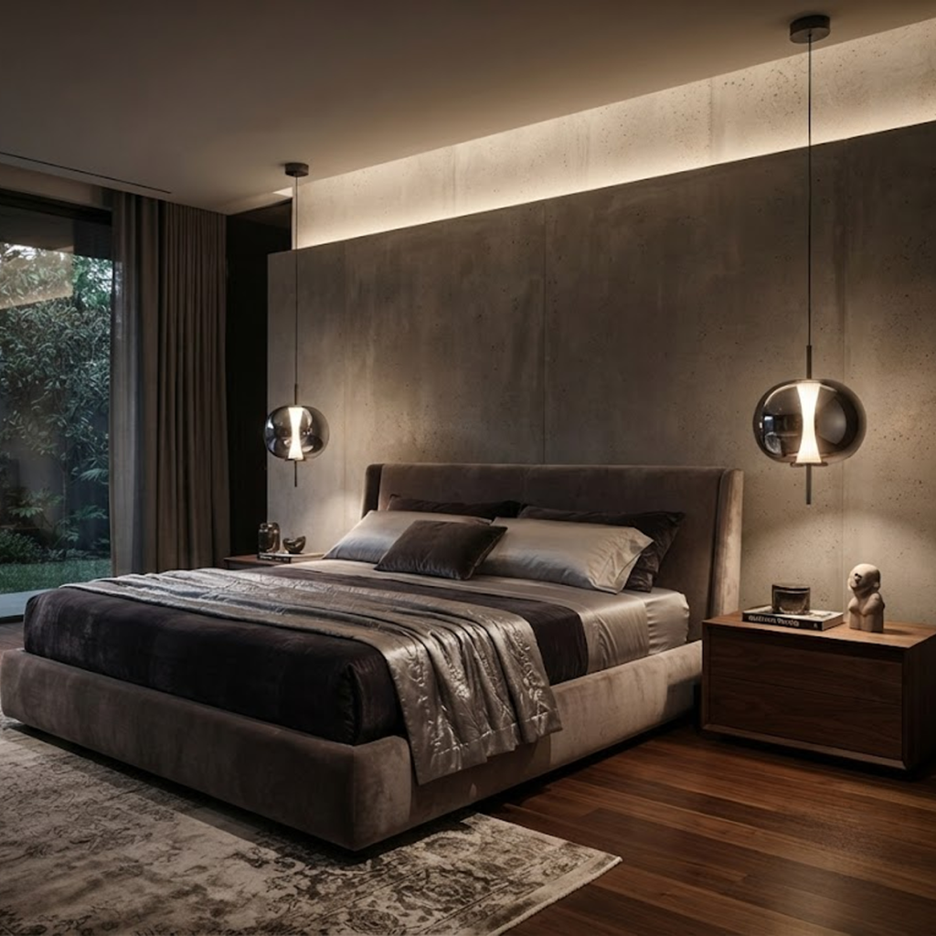 Electroplated smoke mirror glass globe pendant light with gunmetal iron central rod hanging against a neutral background