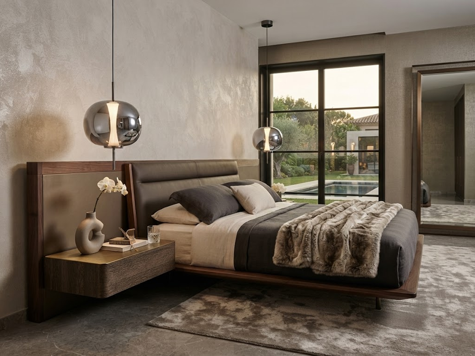 Electroplated smoke mirror glass globe pendant light with gunmetal iron central rod hanging against a neutral background