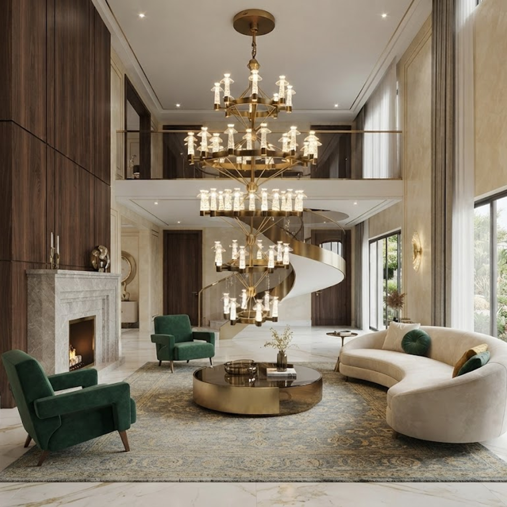 Grand multi-tiered stainless steel and crystal ring chandelier for high ceiling hotel lobby and villa staircase foyer