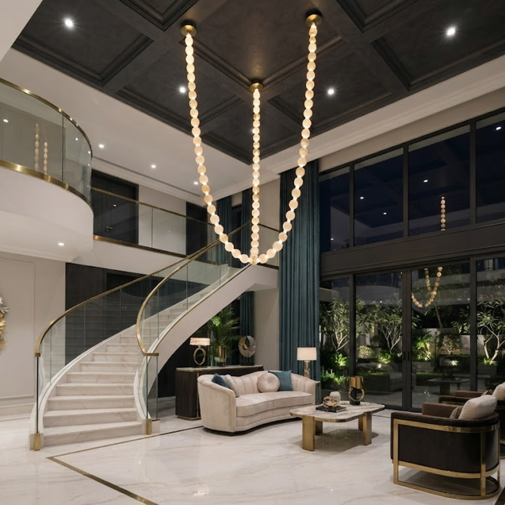 Glowing natural stone bead strand necklace chandelier with 3000K warm LED light for high ceiling living room