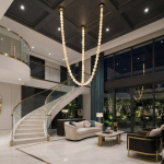 Glowing natural stone bead strand necklace chandelier with 3000K warm LED light for high ceiling living room