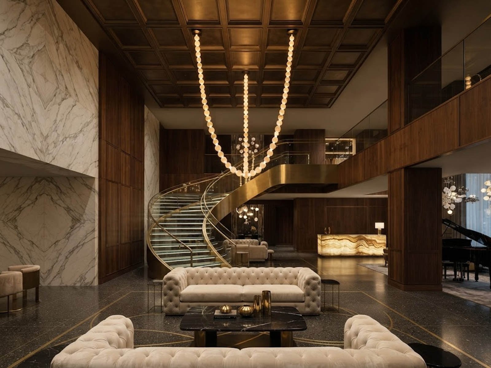 Glowing natural stone bead strand necklace chandelier with 3000K warm LED light for high ceiling living room