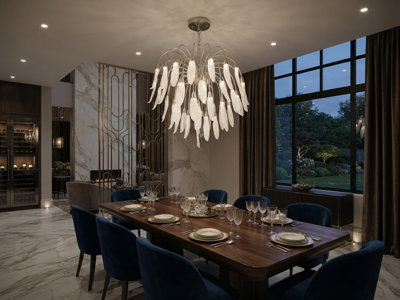Illuminated optical acrylic cascade chandelier casting warm ambient light for high ceiling living room and foyer