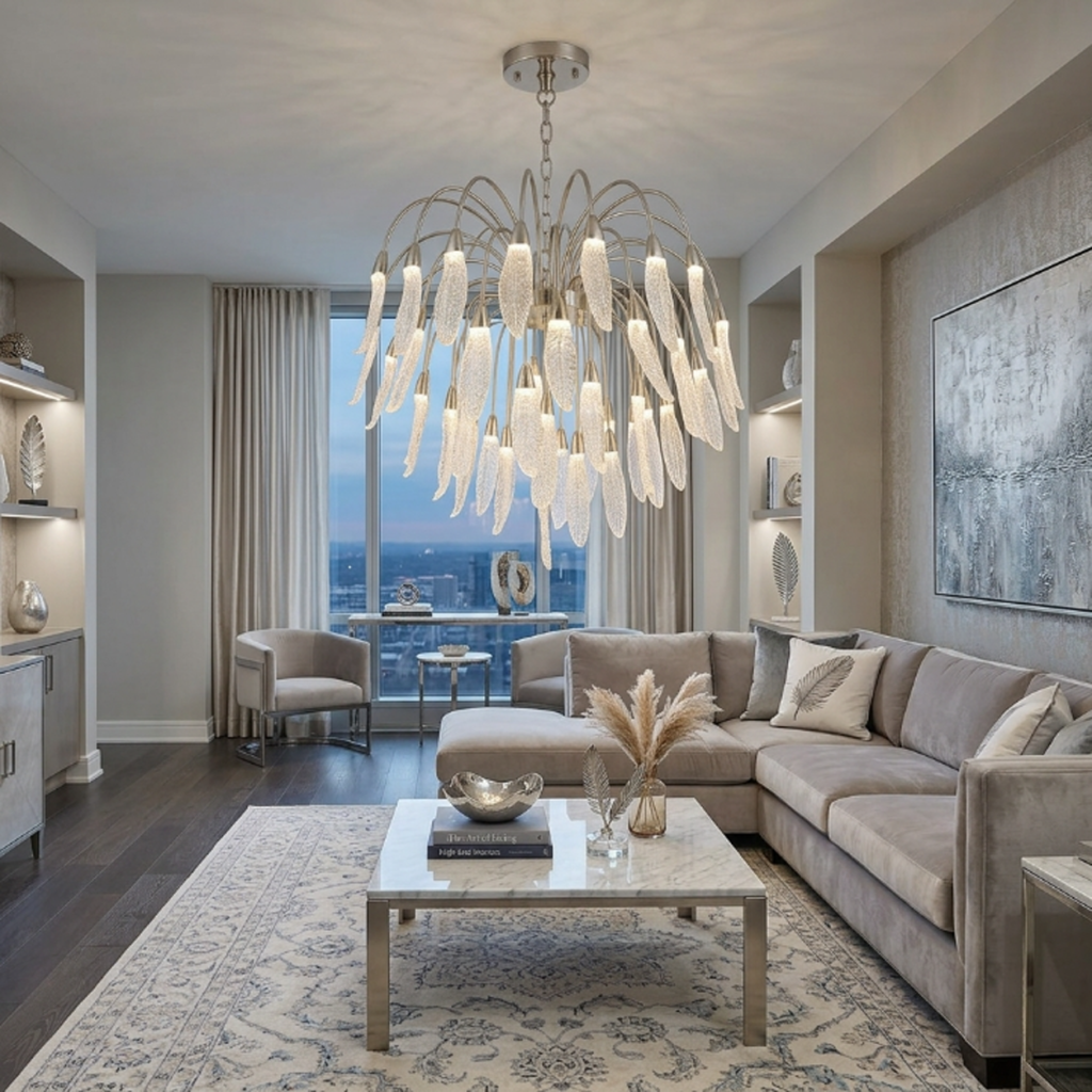Illuminated optical acrylic cascade chandelier casting warm ambient light for high ceiling living room and foyer