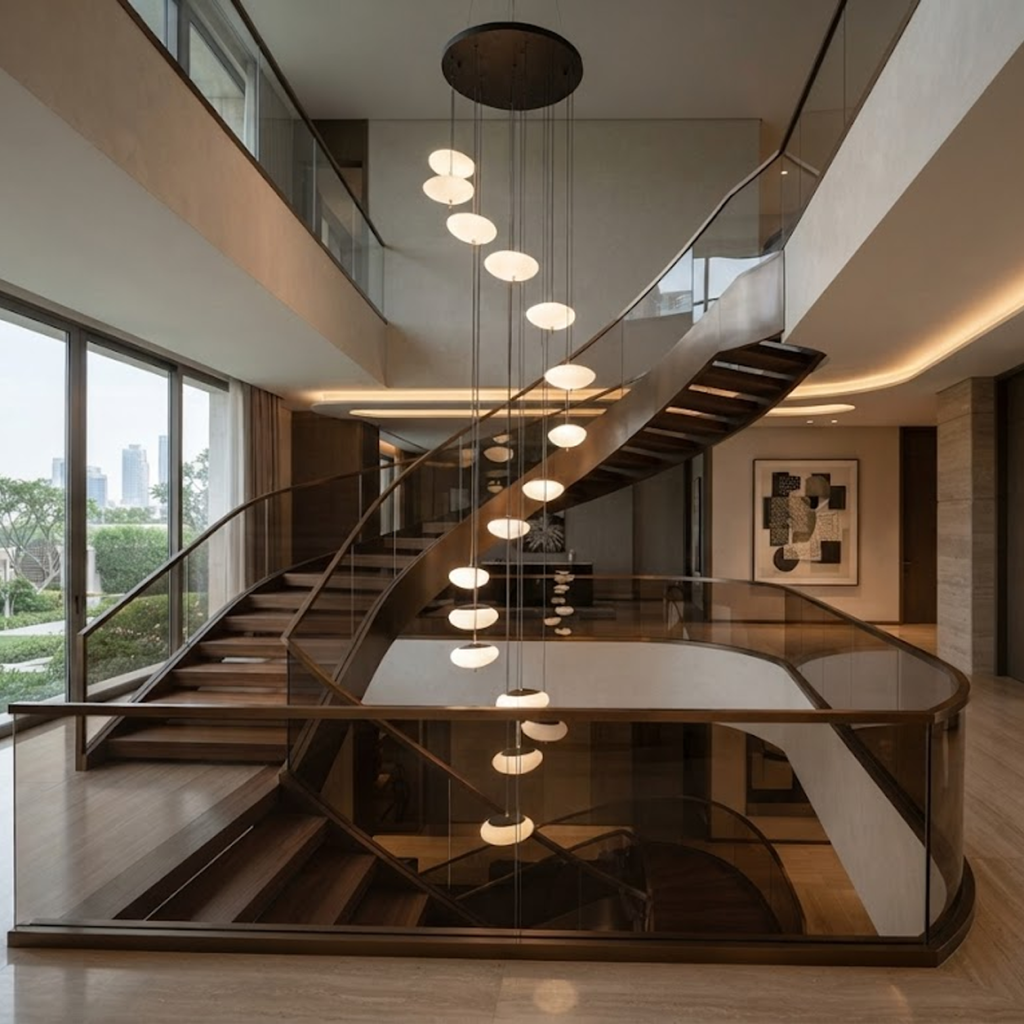 Modern spiral pebble optical acrylic staircase chandelier cascading down a high ceiling foyer