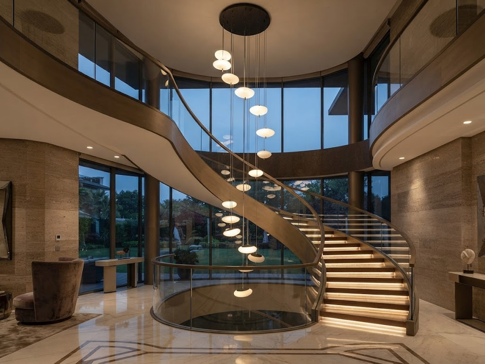 Modern spiral pebble optical acrylic staircase chandelier cascading down a high ceiling foyer