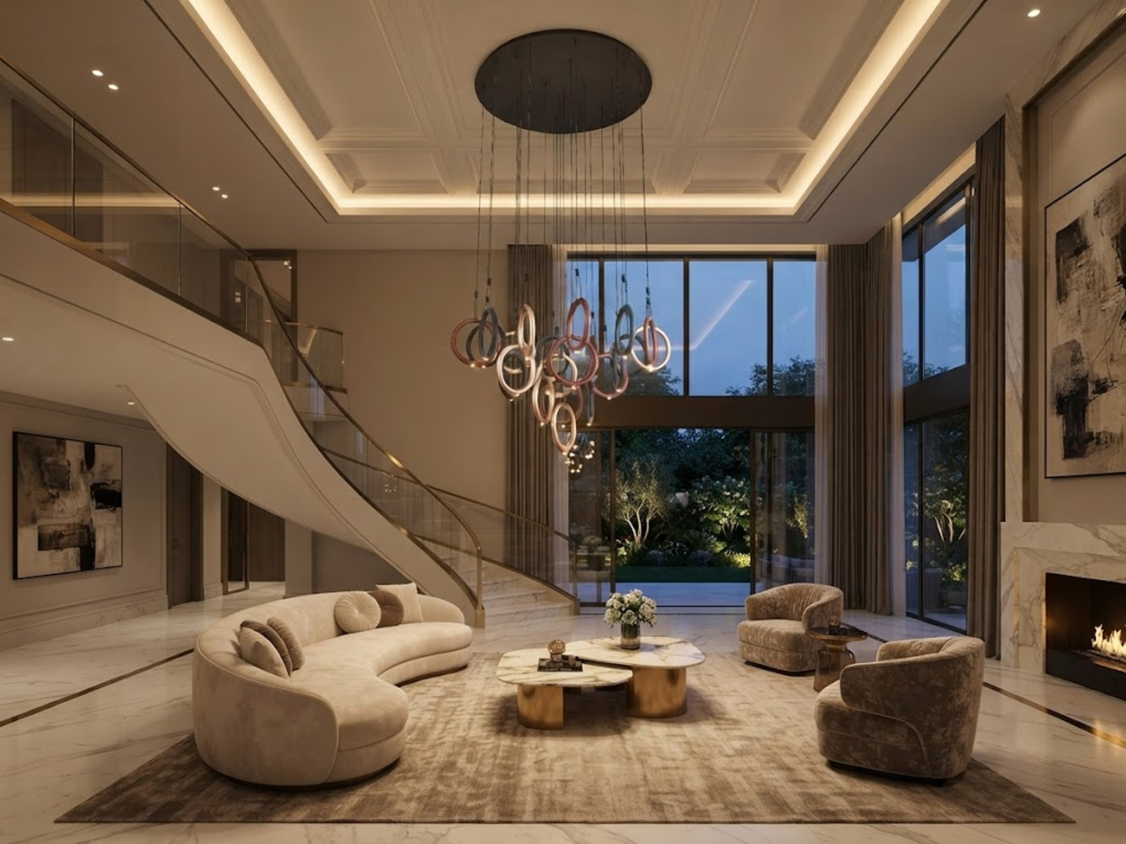 Modern multi-tone ring cascade chandelier with gold, bronze, and black hoops for high ceiling staircase and foyer