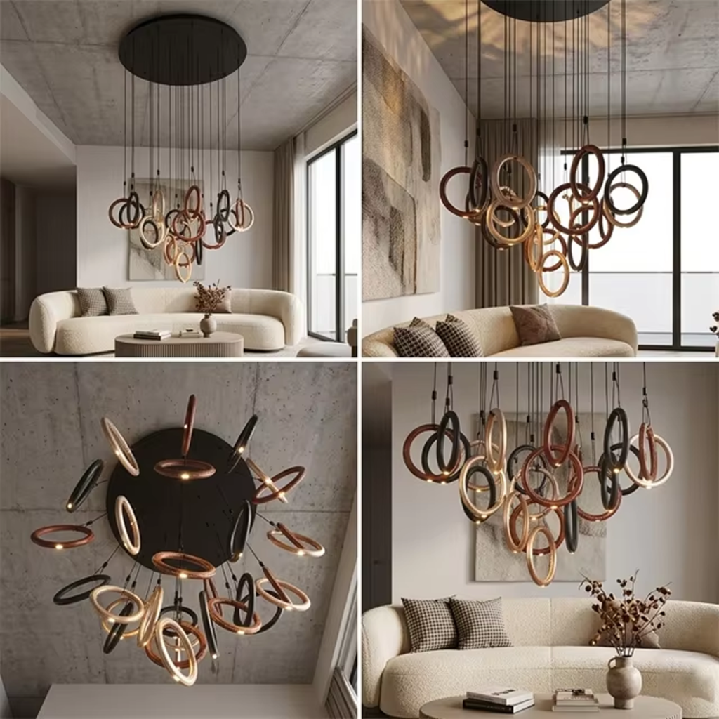 Modern multi-tone ring cascade chandelier with gold, bronze, and black hoops for high ceiling staircase and foyer