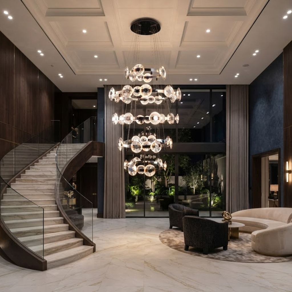 Illuminated multi-tier chrome ring crystal lens disc chandelier for high ceiling foyer and luxury staircase