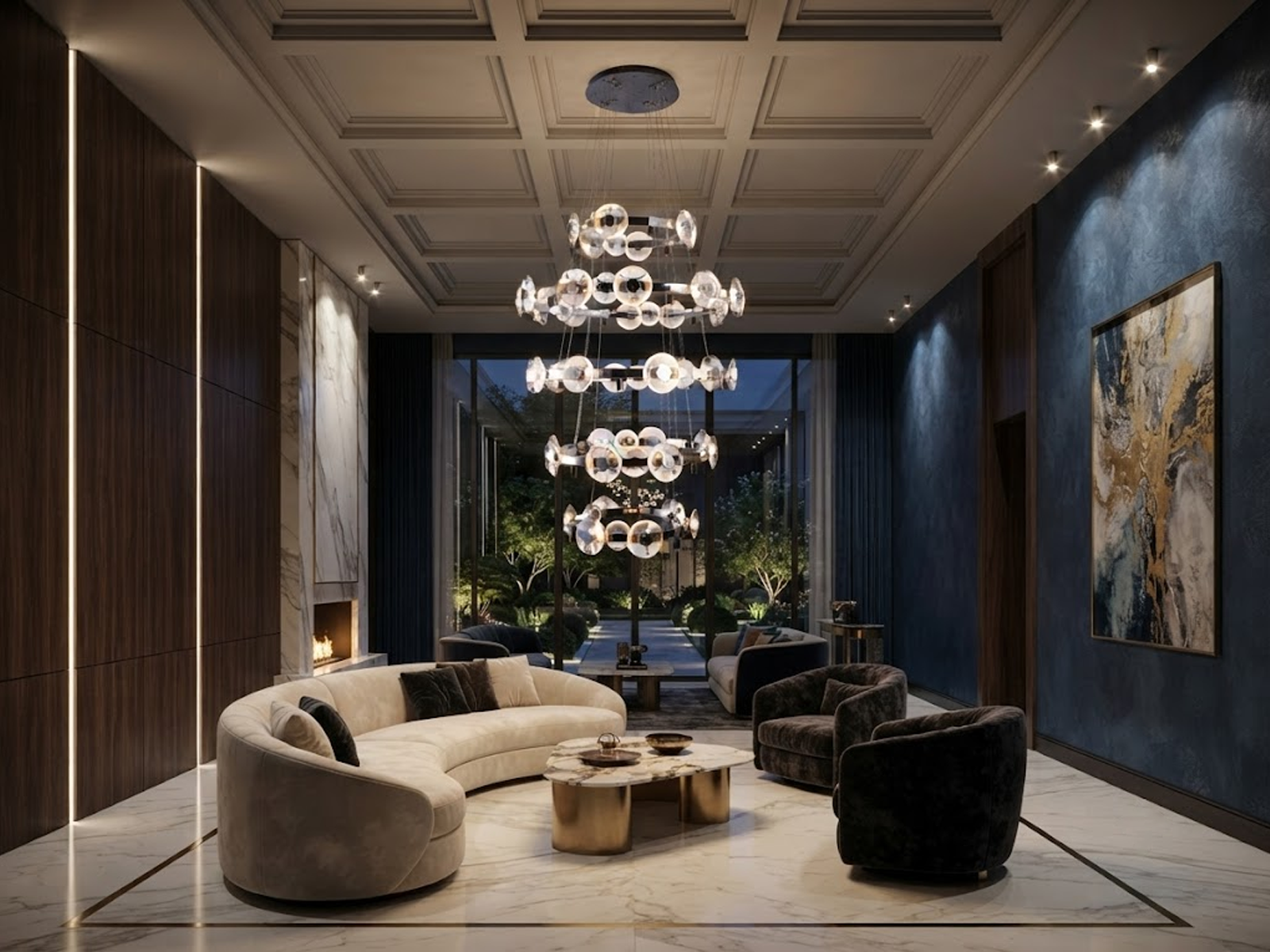 Illuminated multi-tier chrome ring crystal lens disc chandelier for high ceiling foyer and luxury staircase