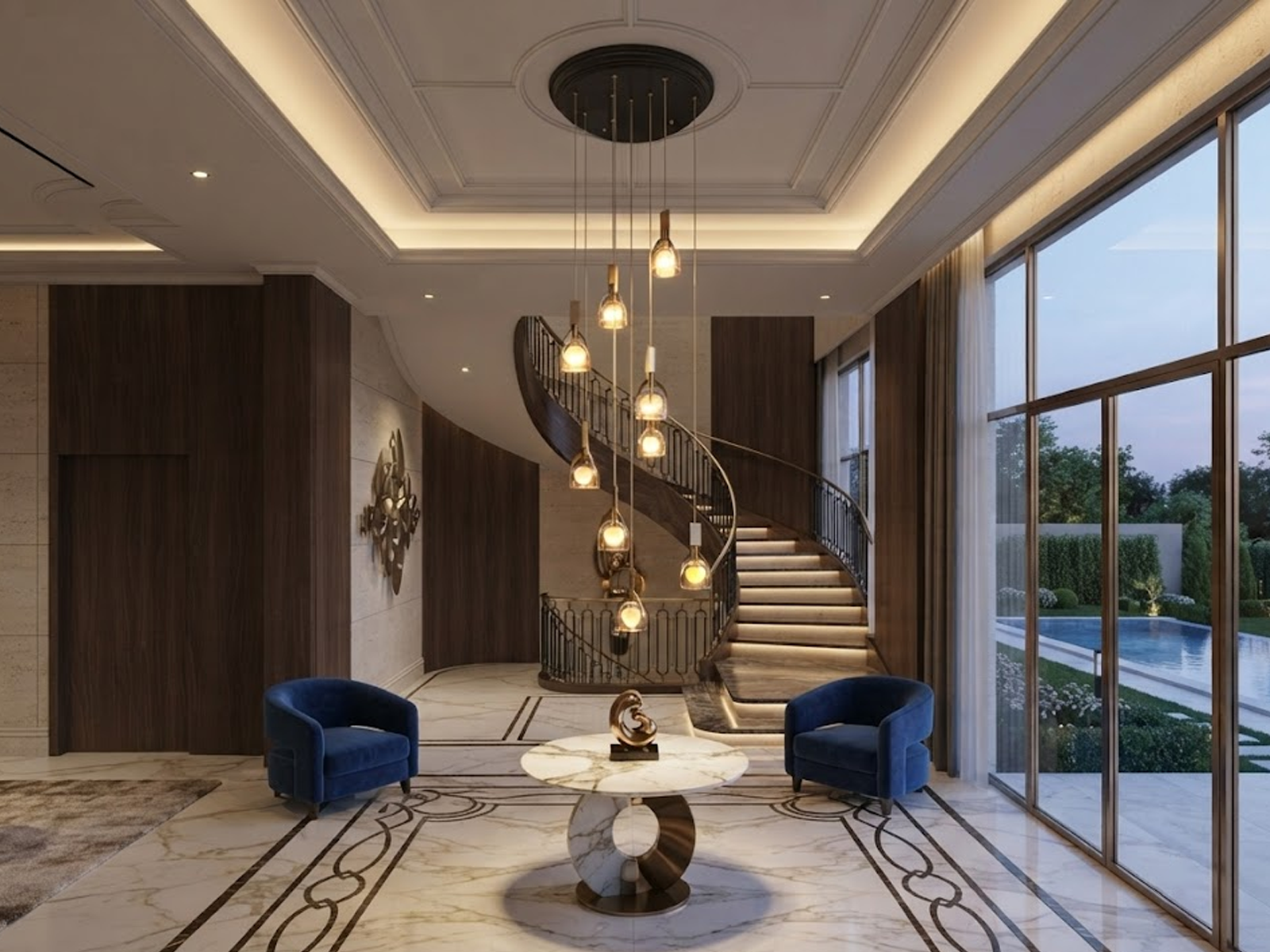 Modern spiral cascade glass and marble pendant light with brushed brown semi-matte oil stainless steel finish for high ceiling stairwells