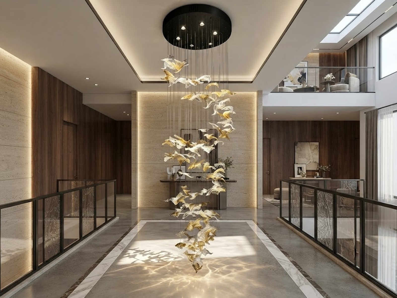 Tall spiral stainless steel and flying bird crystal cascade chandelier installed in a high-ceiling duplex villa stairwell