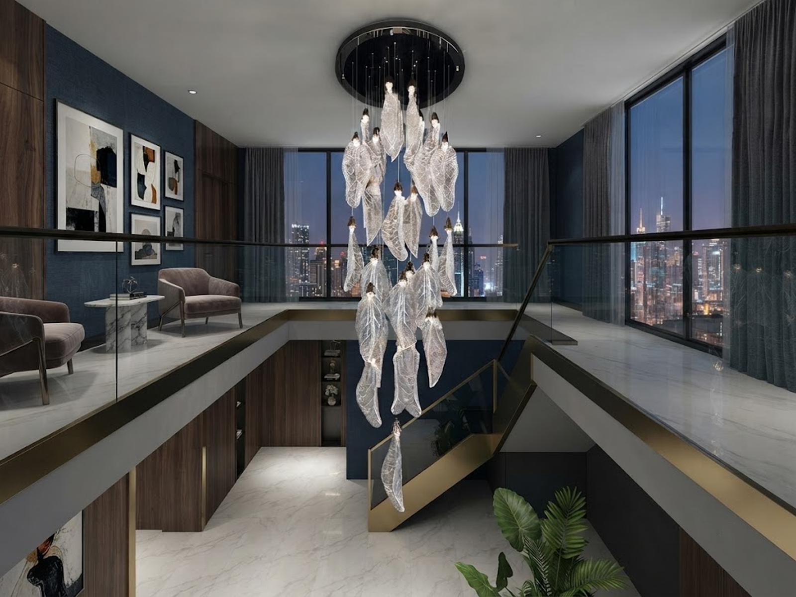 Tall stainless steel and textured acrylic leaf cascade chandelier suspended in a high-ceiling stairwell void