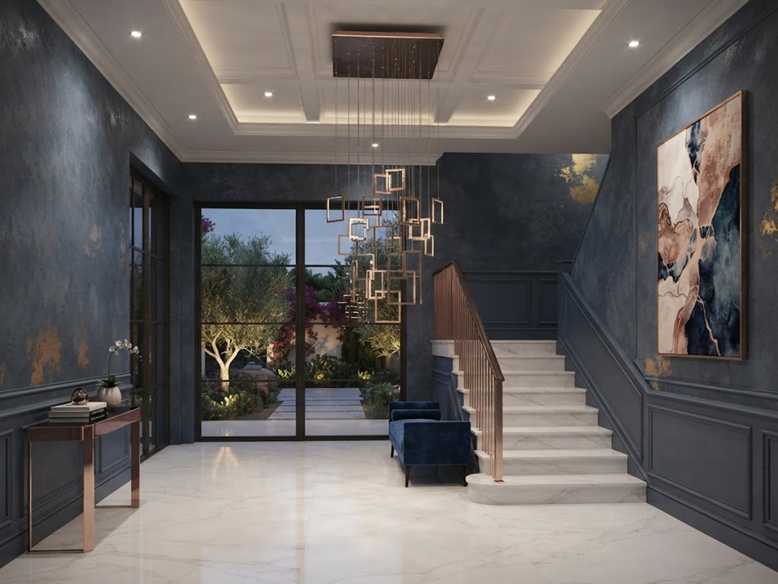 Modern rose gold stainless steel square frame cascade chandelier with mirror canopy suspended in a high ceiling foyer