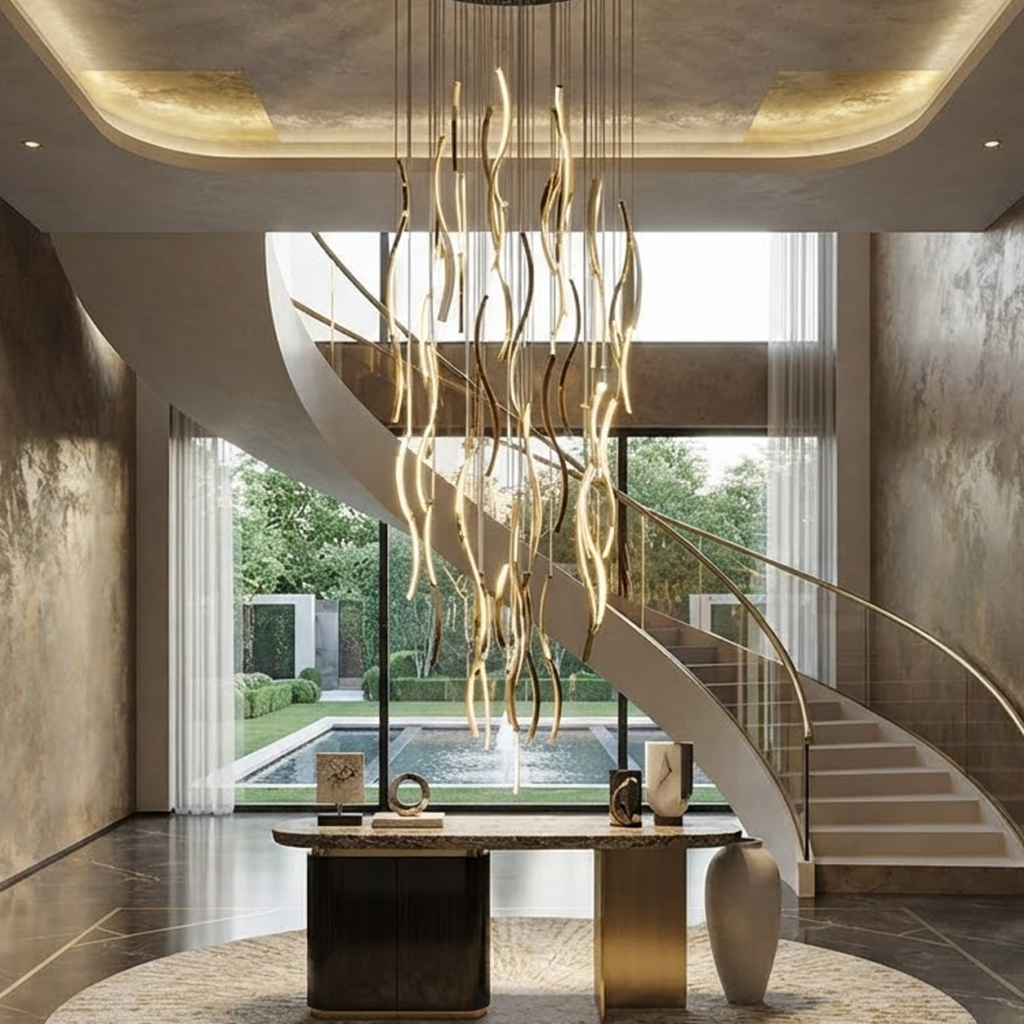 Modern gold polished stainless steel wave streamer raindrop chandelier suspended in a high ceiling villa foyer