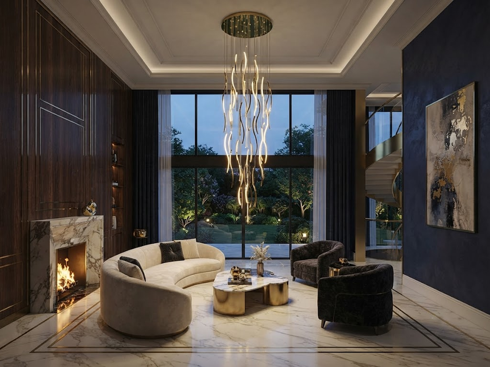 Modern gold polished stainless steel wave streamer raindrop chandelier suspended in a high ceiling villa foyer
