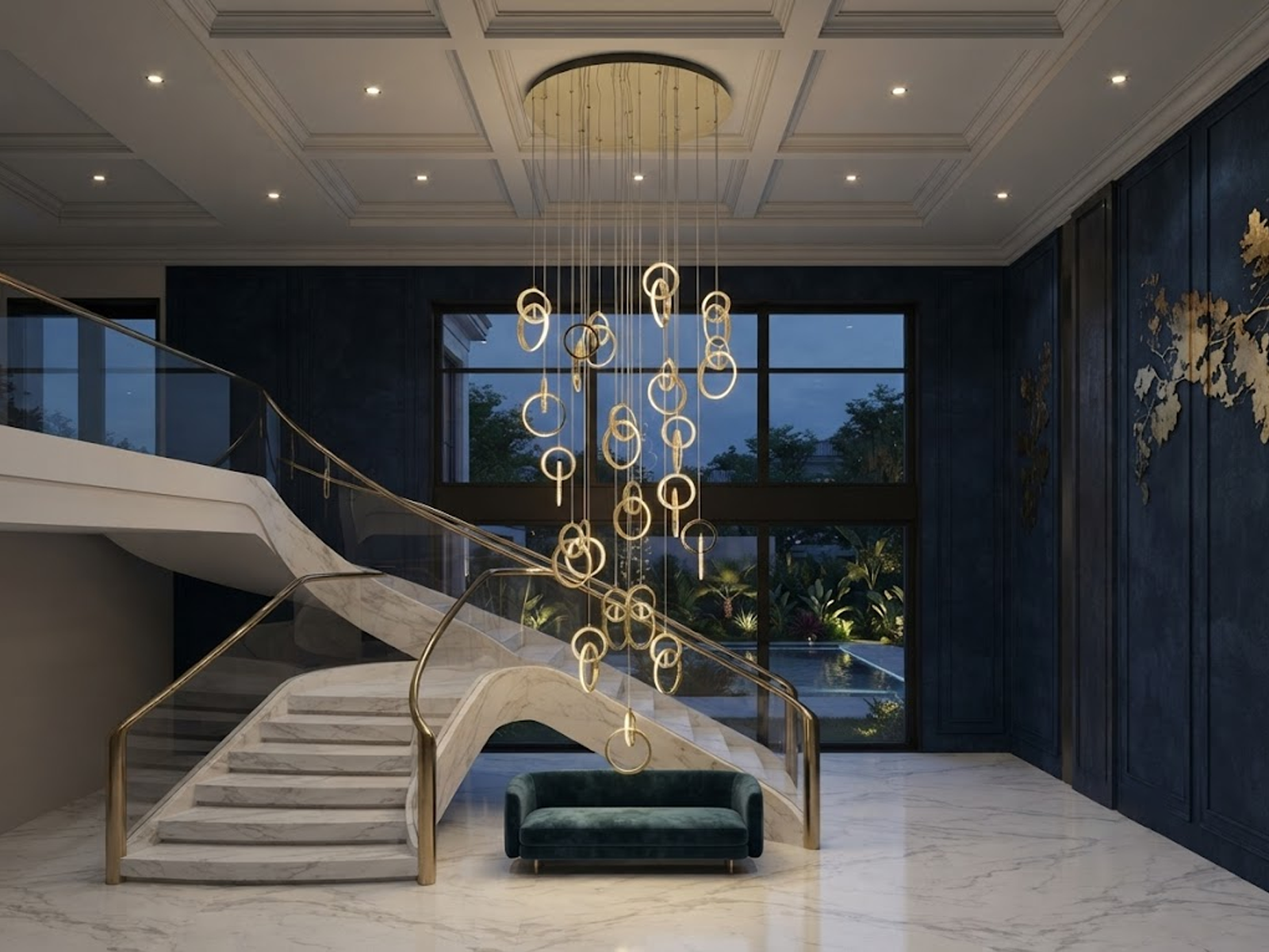 Modern gold stainless steel interlocking ring cascade chandelier suspended in a high ceiling villa foyer