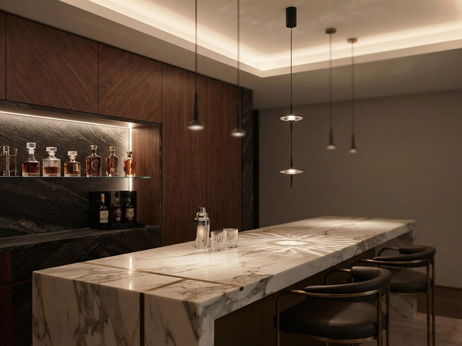 Two staggered black aluminum ufo crystal pendant lights hanging gracefully over a modern wooden dining table