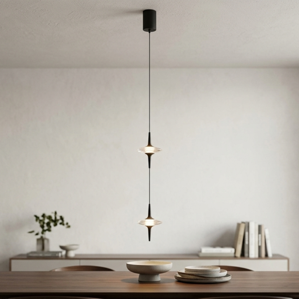 Two staggered black aluminum ufo crystal pendant lights hanging gracefully over a modern wooden dining table