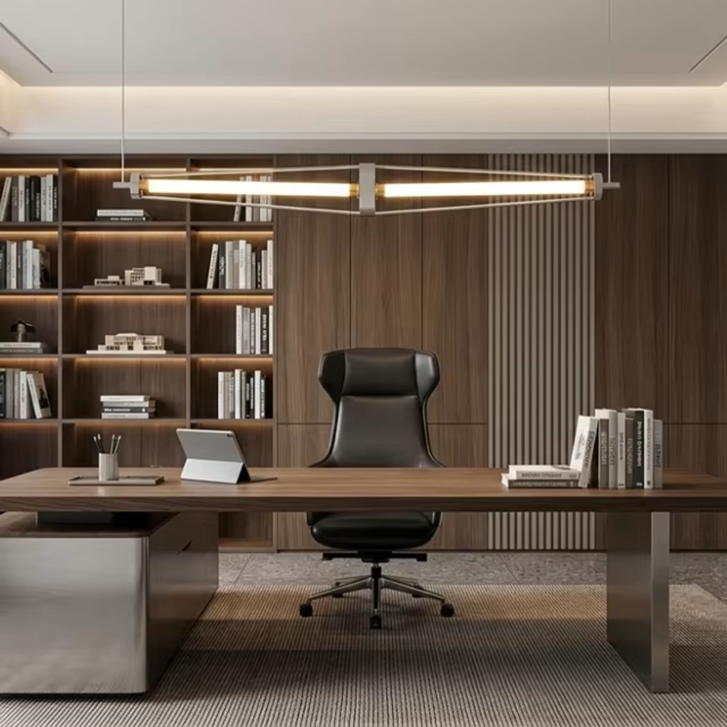 Architectural linear chandelier featuring brushed stainless steel frame, aluminum core, and fluted crystal tube hanging on stainless steel cables