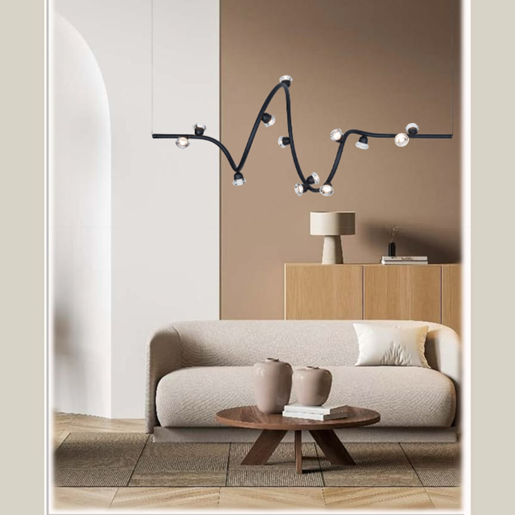 Modern soundwave wavy pendant light made of black iron, aluminum, and crystal hanging gracefully against a neutral wall