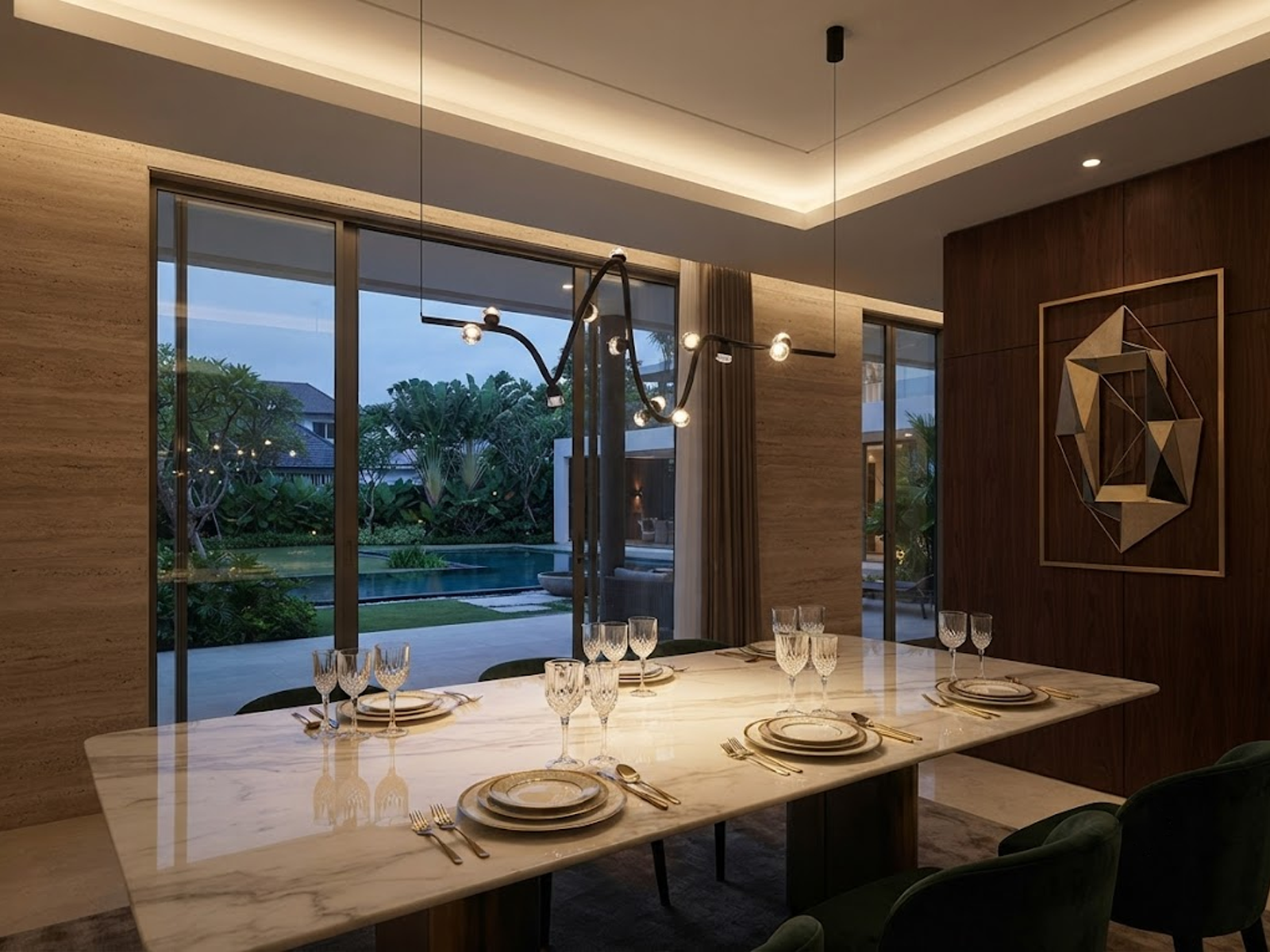 Modern soundwave wavy pendant light made of black iron, aluminum, and crystal hanging gracefully against a neutral wall
