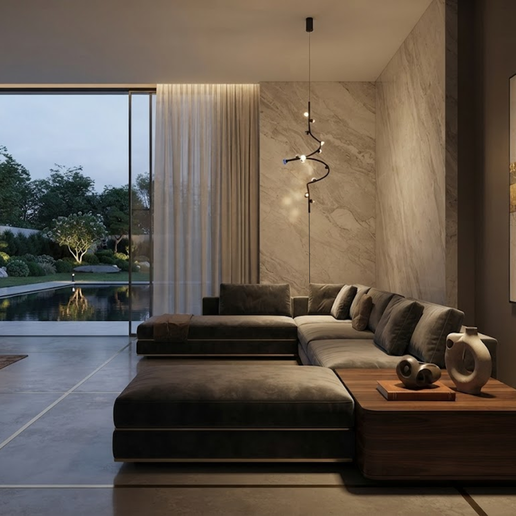 Modern vertical spiral cable chandelier suspended next to a luxury sofa in a contemporary living room with iron and aluminum construction