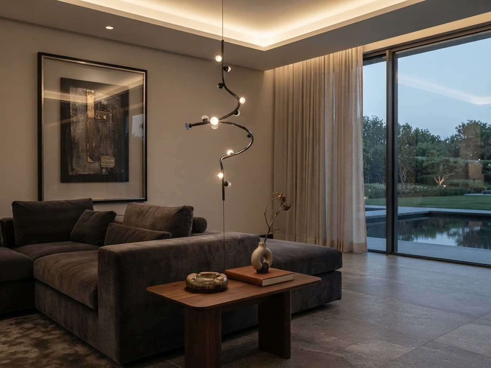 Modern vertical spiral cable chandelier suspended next to a luxury sofa in a contemporary living room with iron and aluminum construction