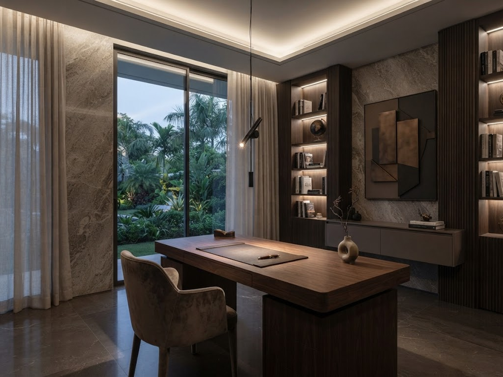 Architectural black iron and aluminum spotlight pendant projecting warm directional light onto a textured dark wood wall