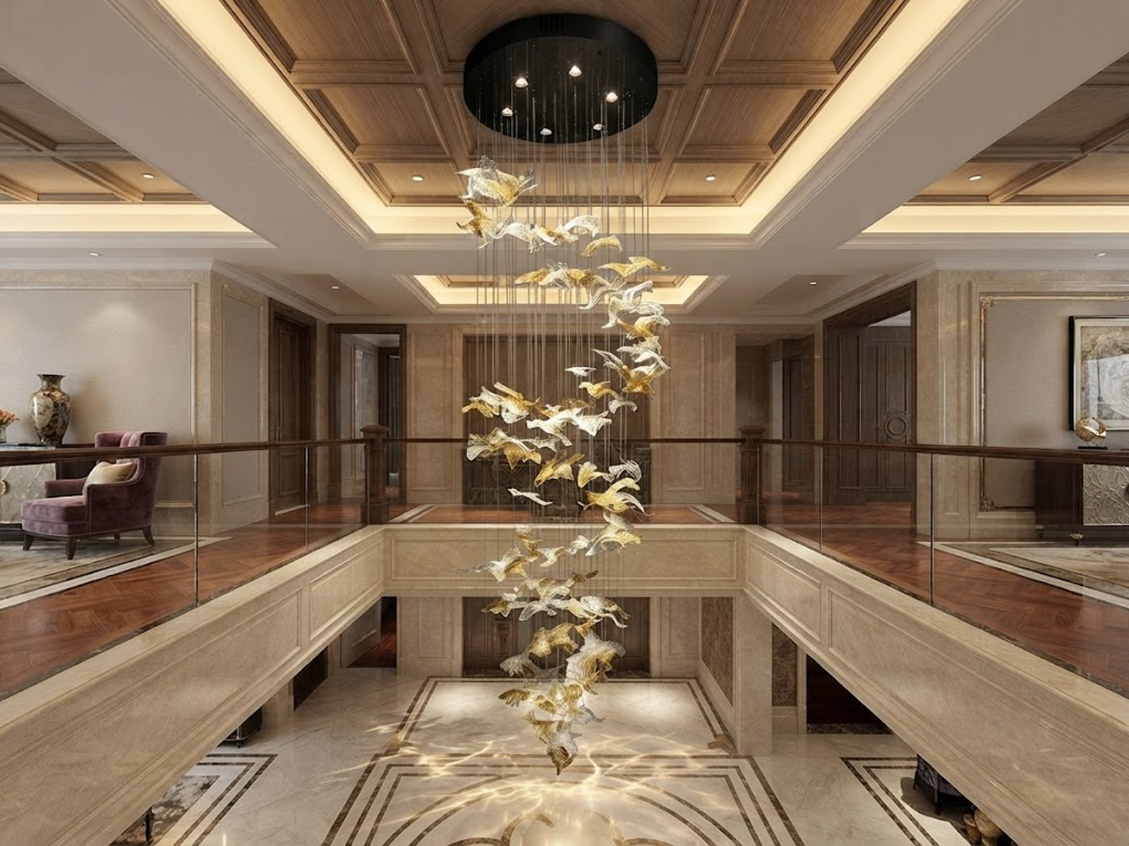 Tall spiral stainless steel and flying bird crystal cascade chandelier installed in a high-ceiling duplex villa stairwell