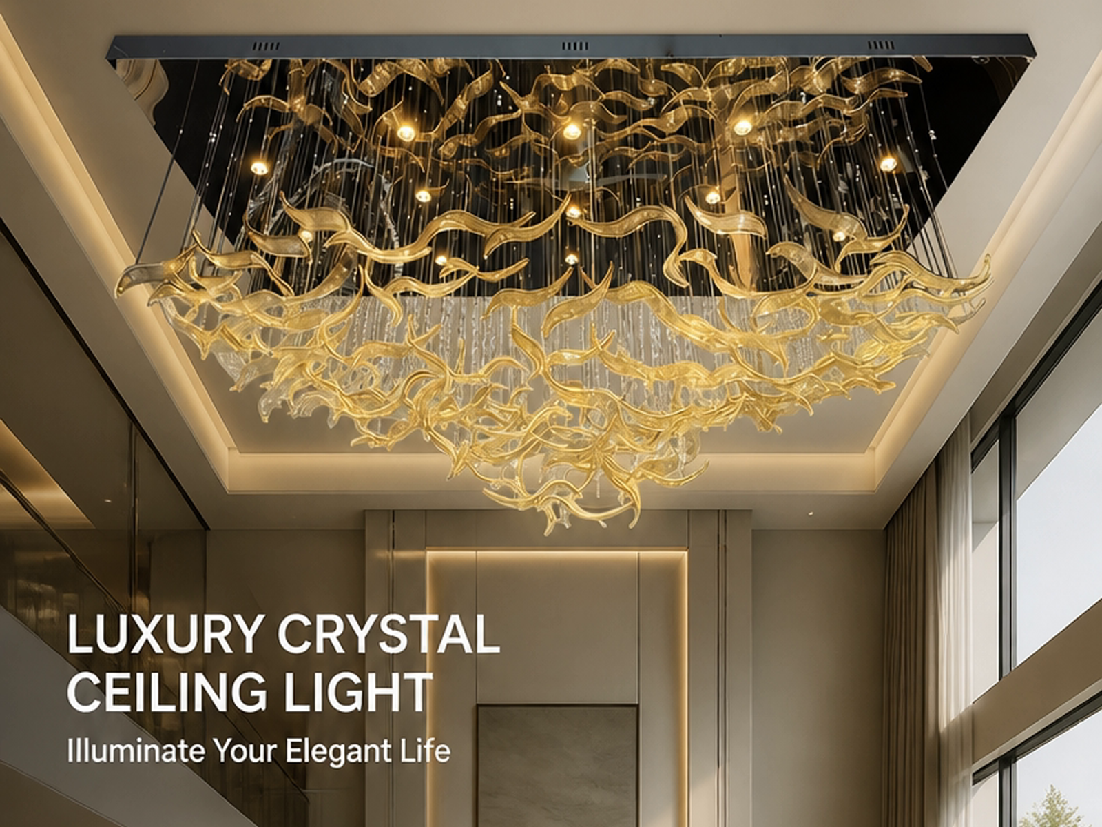 Illuminated 2400mm floating wave glass chandelier casting warm 3000K ambient glow for luxury hotel lobby