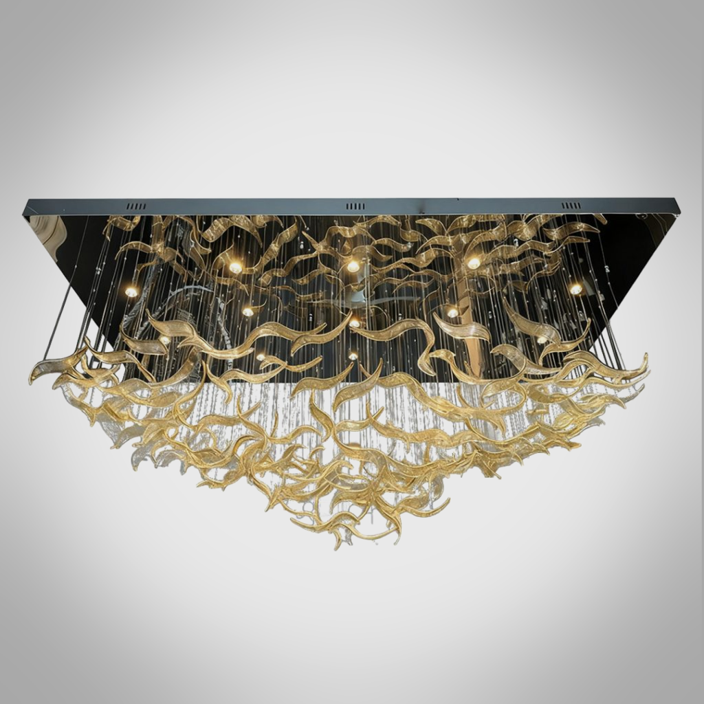 Illuminated 2400mm floating wave glass chandelier casting warm 3000K ambient glow for luxury hotel lobby