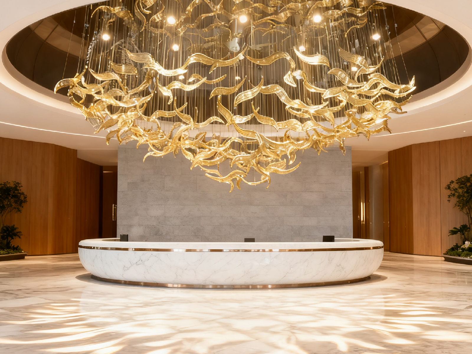 Illuminated 2400mm floating wave glass chandelier casting warm 3000K ambient glow for luxury hotel lobby