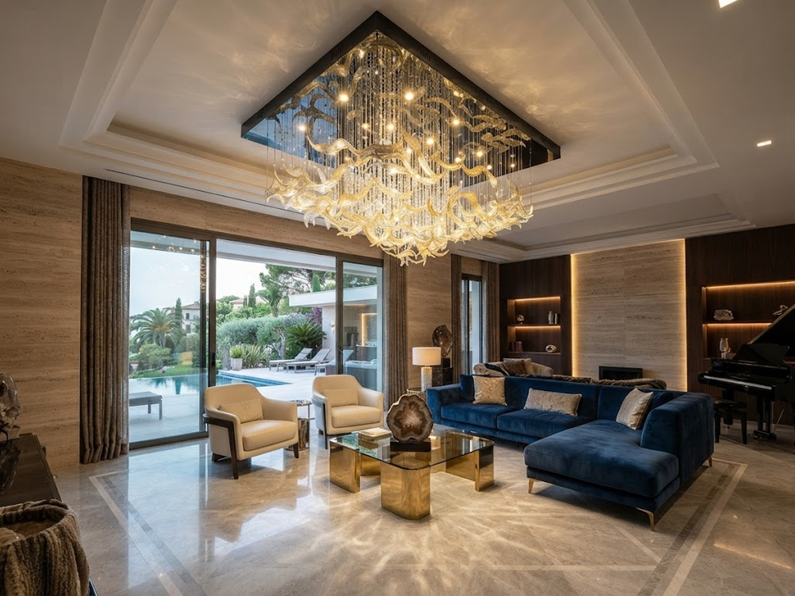 Illuminated 2400mm floating wave glass chandelier casting warm 3000K ambient glow for luxury hotel lobby