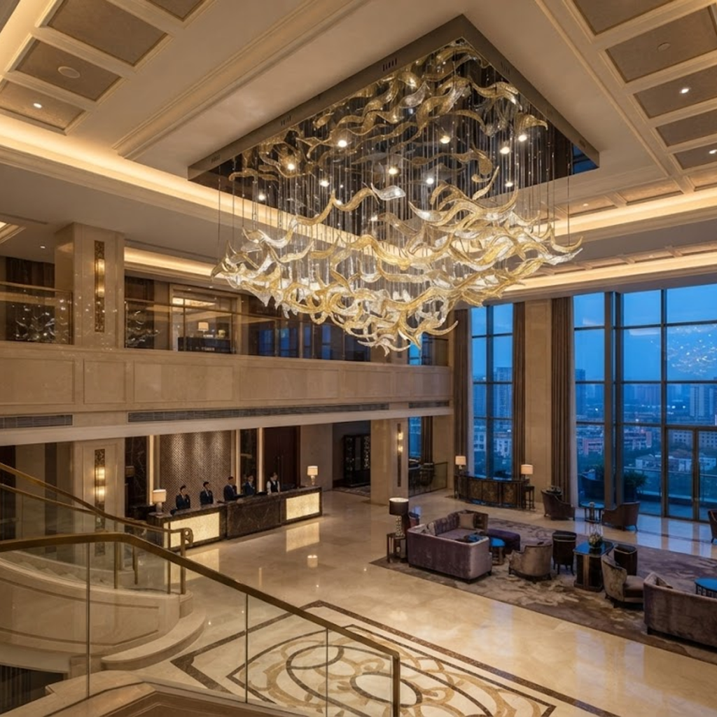 Illuminated 2400mm floating wave glass chandelier casting warm 3000K ambient glow for luxury hotel lobby