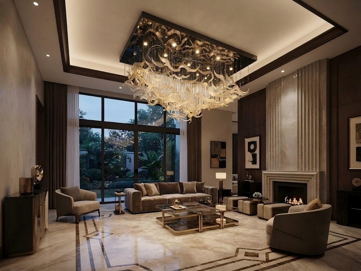 Illuminated 2400mm floating wave glass chandelier casting warm 3000K ambient glow for luxury hotel lobby