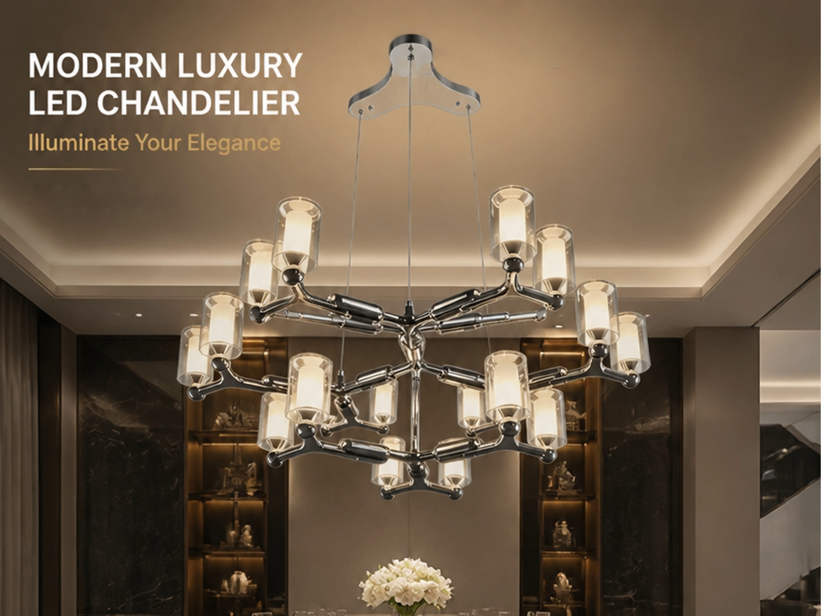 Modern multi-tiered chrome modular branching ring chandelier with tri-spoke canopy base for high ceiling living room and villa foyer